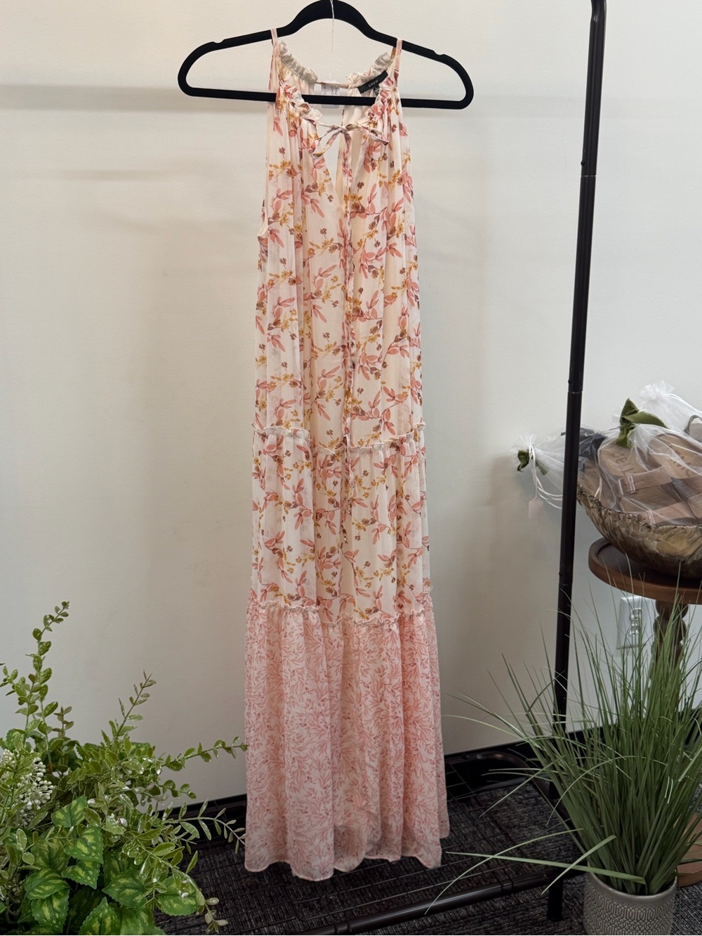 DREW Pink Floral Maxi Dress with Cream Base